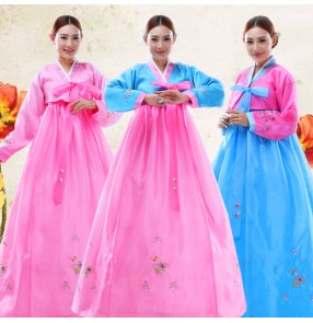Pink fuchsia blue patchwork embroidery Hanbok korean style stage performance dance cos play dresses costumes outfits 